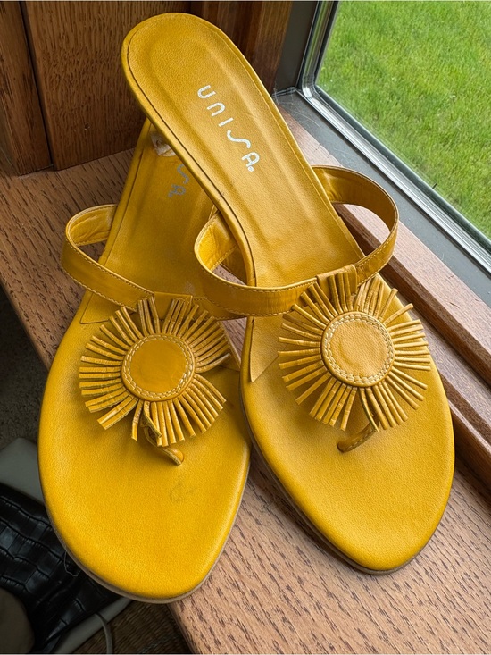Unisa Shoes - Unisa Mustard Yellow Leather Fringe Sunburst Thong Sandals